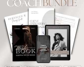 May include: A digital marketing coach bundle featuring a black and white photo of a woman on the cover. The bundle includes a client onboarding pack, a media kit, a workbook, social media planner, 100 Instagram posts, 100 Instagram stories, and 50 video reels.