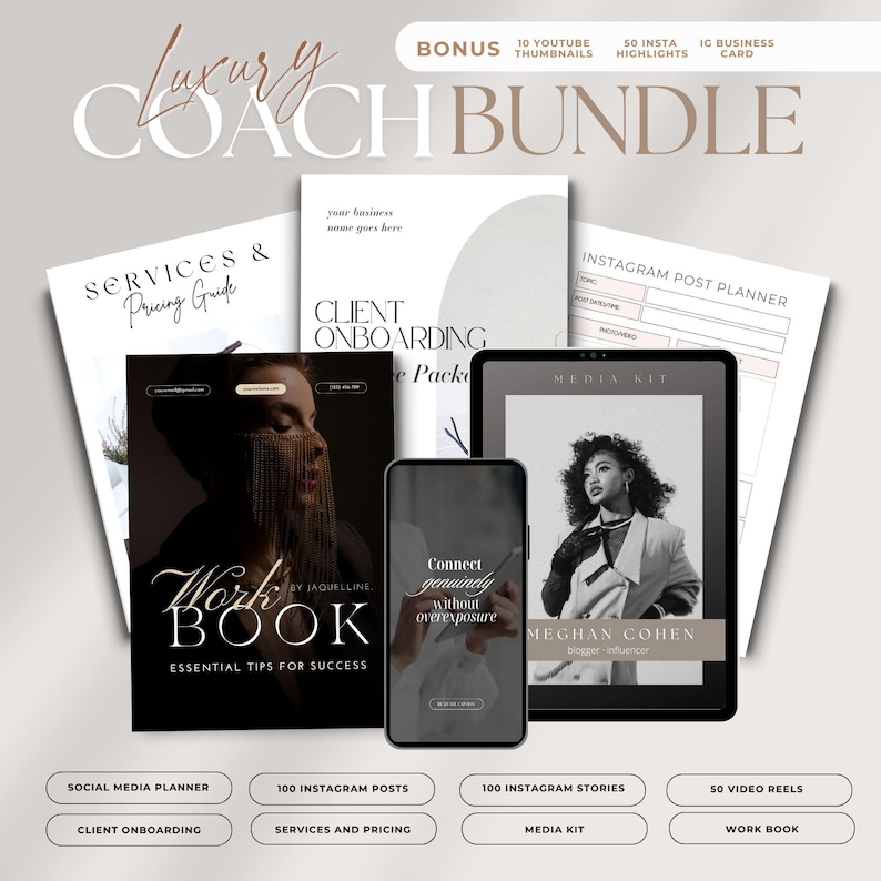 May include: A digital marketing coach bundle featuring a black and white photo of a woman on the cover. The bundle includes a client onboarding pack, a media kit, a workbook, social media planner, 100 Instagram posts, 100 Instagram stories, and 50 video reels.