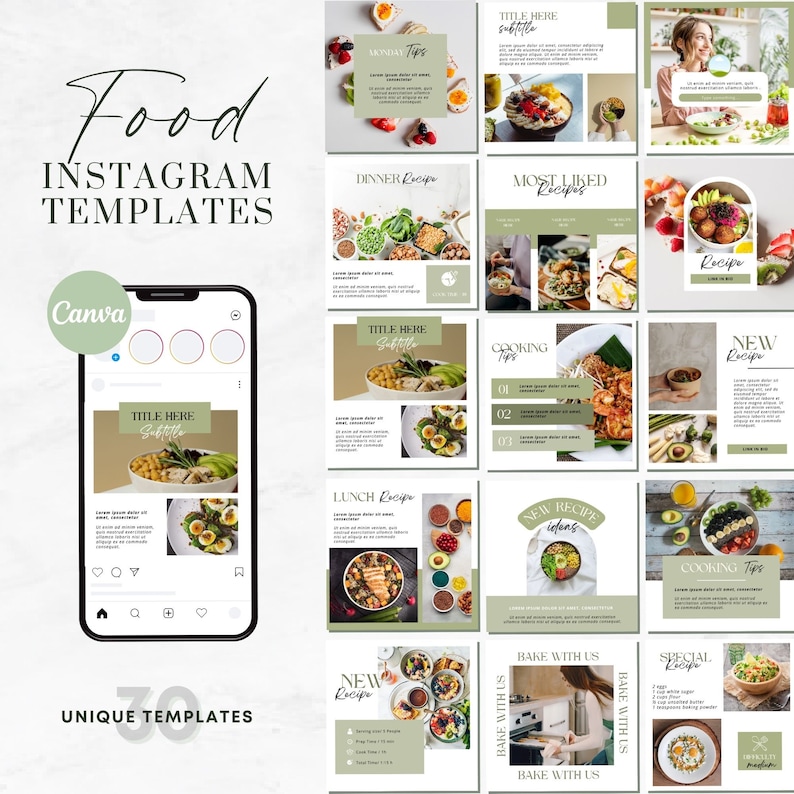 May include: A collection of 16 Instagram templates for food bloggers and chefs. The templates feature a variety of food photography, including salads, bowls, and baked goods. The templates are designed in a minimalist style with a green and white color scheme. The text on the templates includes phrases like "New Recipe", "Cooking Tips", and "Most Liked Recipes".