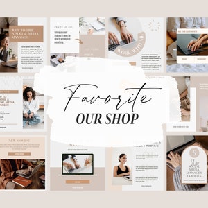 May include: A collage of images promoting social media management courses. The images feature a woman working on a laptop, text that says "How to Become a Social Media Manager", and the phrase "Favorite Our Shop".