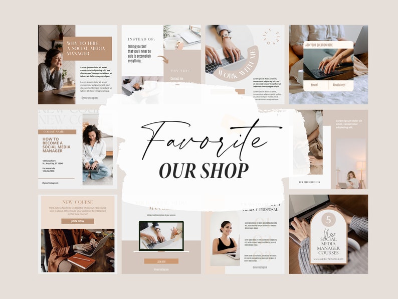 May include: A collage of images promoting social media management courses. The images feature a woman working on a laptop, text that says "How to Become a Social Media Manager", and the phrase "Favorite Our Shop".