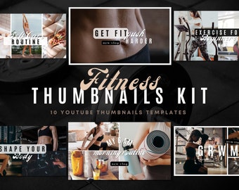 Può includere: Un set di 10 modelli di miniature YouTube per video di fitness. Le miniature presentano immagini di persone che si allenano, con sovrapposizioni di testo come "Mettiti in forma e spingi più forte", "Esercizio per principianti", "Modella il tuo corpo", "La mia routine mattutina delle 6 del mattino" e "Tempo di palestra GRWM".