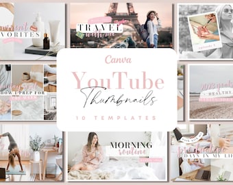 May include: Ten pink and white Canva YouTube thumbnail templates with text overlays. The templates feature images of a woman travelling, a woman doing yoga, a woman working on a laptop, a woman with a cup of coffee, and a woman with a makeup palette. The text on the templates includes "Travel with me", "Sunday reset", "Morning routine", "Productive days in my life", "2023 goals", and "Current favourites".