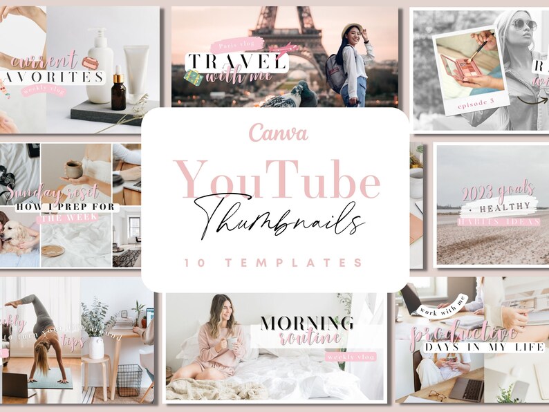 Peut inclure: Dix mod&egrave;les de miniatures YouTube Canva roses et blanches avec des superpositions de texte. Les mod&egrave;les pr&eacute;sentent des images d'une femme en voyage, d'une femme faisant du yoga, d'une femme travaillant sur un ordinateur portable, d'une femme avec une tasse de caf&eacute; et d'une femme avec une palette de maquillage. Le texte sur les mod&egrave;les comprend "Voyager avec moi", "R&eacute;initialisation du dimanche", "Routine matinale", "Jours productifs dans ma vie", "Objectifs 2023" et "Favoris actuels".