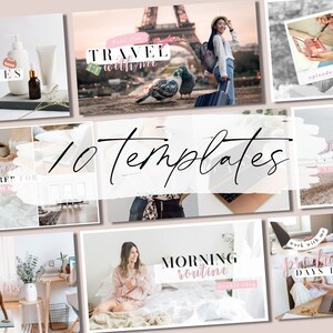 Peut inclure: Une mosa&iuml;que de 10 mod&egrave;les d'histoires Instagram avec des accents roses et blancs. Les mod&egrave;les pr&eacute;sentent des superpositions de texte telles que "Voyage avec moi", "Routine matinale", "Travailler avec moi", "Journ&eacute;es productives dans ma vie", "Favoris actuels", "Routine du dimanche", "Comment je me pr&eacute;pare pour la semaine", "Objectifs 2023", "Id&eacute;es d'habitudes saines", et "Vlog hebdomadaire".