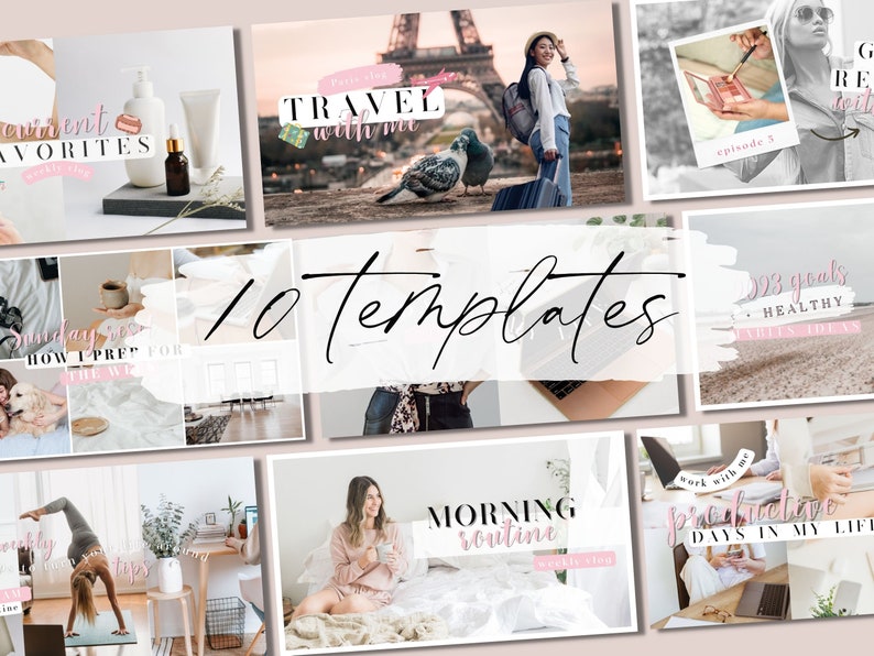 Peut inclure: Une mosa&iuml;que de 10 mod&egrave;les d'histoires Instagram avec des accents roses et blancs. Les mod&egrave;les pr&eacute;sentent des superpositions de texte telles que "Voyage avec moi", "Routine matinale", "Travailler avec moi", "Journ&eacute;es productives dans ma vie", "Favoris actuels", "Routine du dimanche", "Comment je me pr&eacute;pare pour la semaine", "Objectifs 2023", "Id&eacute;es d'habitudes saines", et "Vlog hebdomadaire".