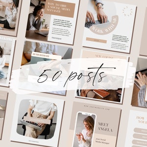 May include: A collage of social media posts with a beige background. The posts feature images of a woman working on a laptop, a woman holding a phone, and a woman typing on a laptop. The text on the posts includes "Why to Hire a Social Media Manager", "Work With Me", "New Course", "Meet Angela", "5 Social Media Manager Courses", and "How to Optimize Your Captions".