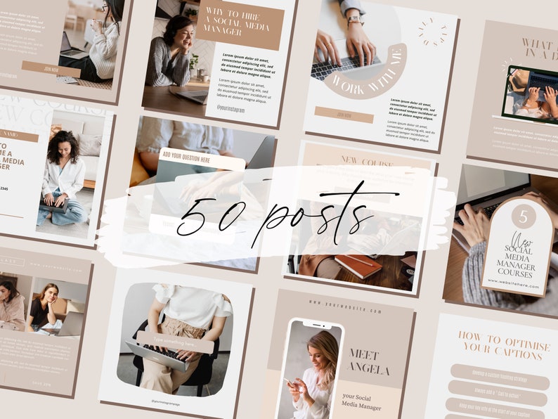 May include: A collage of social media posts with a beige background. The posts feature images of a woman working on a laptop, a woman holding a phone, and a woman typing on a laptop. The text on the posts includes "Why to Hire a Social Media Manager", "Work With Me", "New Course", "Meet Angela", "5 Social Media Manager Courses", and "How to Optimize Your Captions".