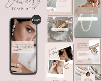 Pode incluir: Uma coleção de modelos de histórias do Instagram para empresas de joias. Os modelos apresentam imagens de joias, sobreposições de texto e chamadas para ação. Alguns dos textos incluem "Diamantes são os melhores amigos das meninas", "Joias para mim são", "Perguntas importantes a fazer antes de comprar joias", "50% de desconto este mês apenas" e "Avaliação do produto".