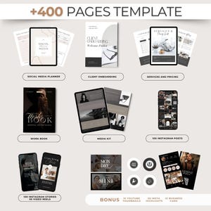 May include: A digital product template bundle with over 400 pages for social media, client onboarding, services and pricing, work book, media kit, Instagram posts, Instagram stories, video reels, YouTube thumbnails, Instagram highlights and business cards. The template bundle includes a variety of designs and layouts.