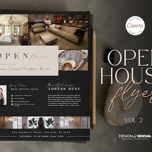 May include: A black and white open house flyer template with a photo of a modern home. The flyer includes the text "OPEN HOUSE flyer" in a white font with a pink outline. The flyer also includes the text "VOL 2" in a white font. The flyer is designed to be used for real estate agents to advertise open houses.