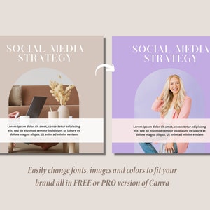 May include: Two social media strategy templates with text overlays. The first template has a beige background with a laptop and a vase of dried flowers. The second template has a purple background with a woman wearing a pink blazer. Both templates have the text "SOCIAL MEDIA STRATEGY" and "Lorem ipsum dolor sit amet, consectetur adipiscing elit, sed do eiusmod tempor incididunt ut labore et dolore magna aliqua. Ut enim ad minim veniam".