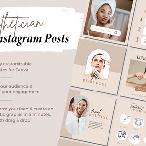 May include: A collection of Instagram post templates for estheticians. The templates feature images of women receiving facials and text about skincare routines, luxury treatments, and acne treatments. The text "Esthetician Instagram Posts" is at the top of the image. The text "30 Fully customizable templates for Canva" is below the title. The text "Grow your audience & BOOST your engagement" is below the Canva text. The text "Transform your feed & create an aesthetic graphic in a minutes, just with drag & drop" is below the engagement text.