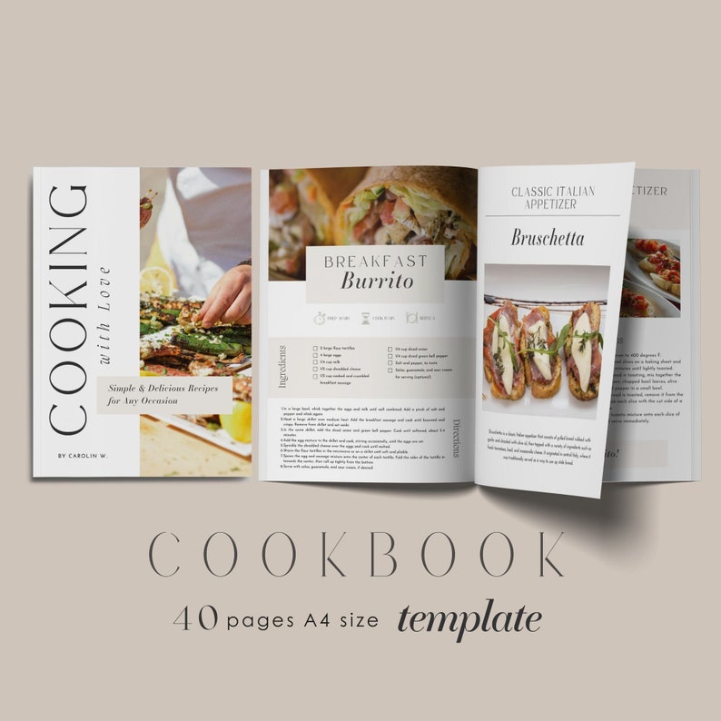 K&ouml;nnte beinhalten: Offenes Kochbuch-Template mit zwei Rezepten: Fr&uuml;hst&uuml;cks-Burrito und Bruschetta. Das Kochbuch hat ein schlichtes Design mit wei&szlig;em Hintergrund und schwarzem Text. Der Text "COOKBOOK" ist in gro&szlig;en Buchstaben am unteren Rand der Seite dargestellt.