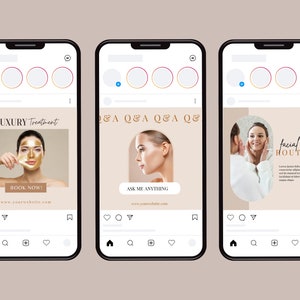 May include: Three Instagram posts promoting beauty treatments. The first post features a woman applying a gold face mask with the text "LUXURY Treatment" and "BOOK NOW!" The second post features a woman with a side profile and the text "Q&A Q&A Q&A Q&" and "ASK ME ANYTHING". The third post features a woman receiving a facial with the text "facial ROUTINE".