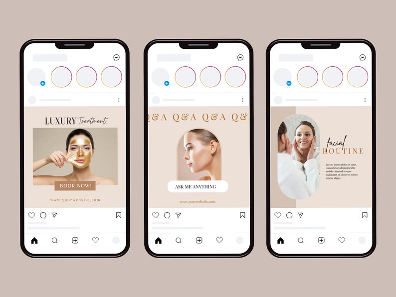 May include: Three Instagram posts promoting beauty treatments. The first post features a woman applying a gold face mask with the text "LUXURY Treatment" and "BOOK NOW!" The second post features a woman with a side profile and the text "Q&A Q&A Q&A Q&" and "ASK ME ANYTHING". The third post features a woman receiving a facial with the text "facial ROUTINE".
