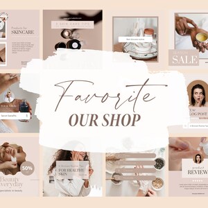 May include: A collage of images promoting skincare products and services. The images feature close-ups of skincare products, a woman applying a face mask, and a woman receiving a facial massage. The text "Favorite Our Shop" is featured in the center of the collage.