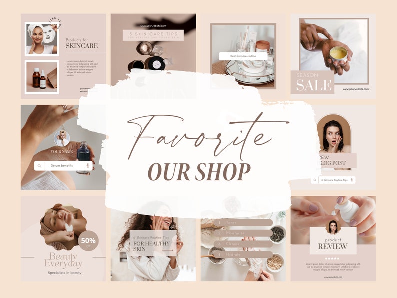 May include: A collage of images promoting skincare products and services. The images feature close-ups of skincare products, a woman applying a face mask, and a woman receiving a facial massage. The text "Favorite Our Shop" is featured in the center of the collage.