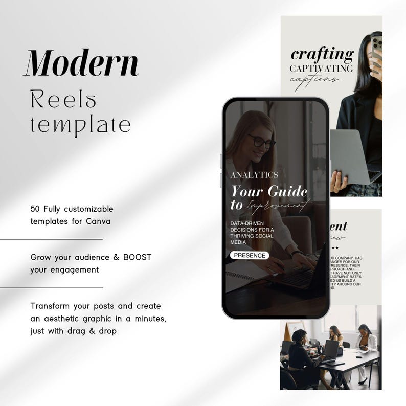 May include: A phone screen mockup showing a graphic with the text "Your Guide to Improvement" and "Data-Driven Decisions for a Thriving Social Media Presence". The graphic is in black and white with a dark gray background. The phone is on a white background.