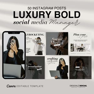 Può includere: Un collage di nove modelli di post di Instagram per un social media manager. I modelli presentano immagini in bianco e nero di persone che usano la tecnologia e testo che dice "Skyrocketing your engagement rate", "Social Media", "Plan your posts", "The trendsetter", "Crafting captivating captions" e "Learn the power of storytelling".