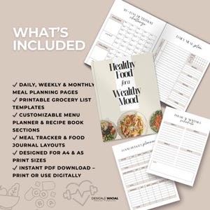 May include: A printable planner with a white background and black text. The planner is titled "Healthy Food for a Wealthy Mood". The planner includes sections for daily, weekly, and monthly meal planning, a printable grocery list, a customizable menu planner, a recipe book, a meal tracker, a food journal, and a food budget planner. The planner is designed for A4 and A5 print sizes.