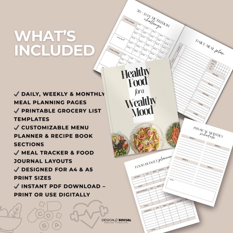May include: A printable planner with a white background and black text. The planner is titled "Healthy Food for a Wealthy Mood". The planner includes sections for daily, weekly, and monthly meal planning, a printable grocery list, a customizable menu planner, a recipe book, a meal tracker, a food journal, and a food budget planner. The planner is designed for A4 and A5 print sizes.