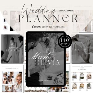 May include: A digital wedding planner template with 140 pages. The cover features a black and white photo of a couple with the text "Mark & Olivia" and "Wedding Planner".