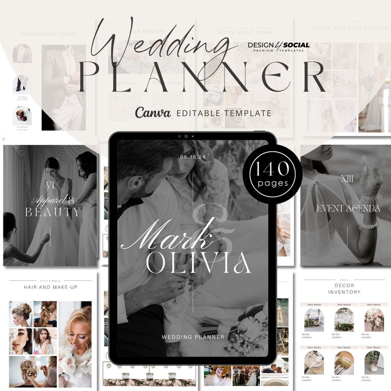 May include: A digital wedding planner template with 140 pages. The cover features a black and white photo of a couple with the text "Mark & Olivia" and "Wedding Planner".