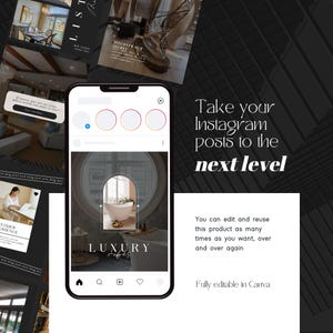 May include: A phone screen displaying a mockup of an Instagram post template for a luxury home decor brand. The template features a white bathtub in a bathroom with a large arched window. The text "LUXURY vibes" is displayed in a minimalist font.