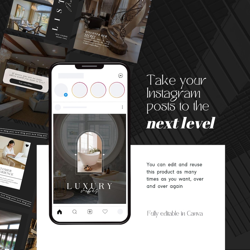 May include: A phone screen displaying a mockup of an Instagram post template for a luxury home decor brand. The template features a white bathtub in a bathroom with a large arched window. The text "LUXURY vibes" is displayed in a minimalist font.