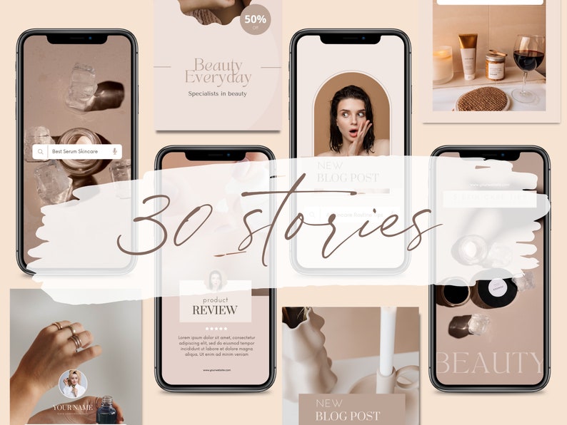 May include: A collection of 30 Instagram story templates for beauty brands. The templates feature a minimalist aesthetic with a neutral color palette of beige, brown, and white. The text "30 stories" is written in a handwritten font.