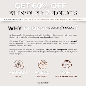 Peut inclure: Visuel promotionnel avec le texte : "GET 60% OFF WHEN YOU BUY 2 PRODUCTS." D&eacute;tails sur les mod&egrave;les num&eacute;riques, les ventes, les avis et le support client. Le logo Design4Social est en bas.