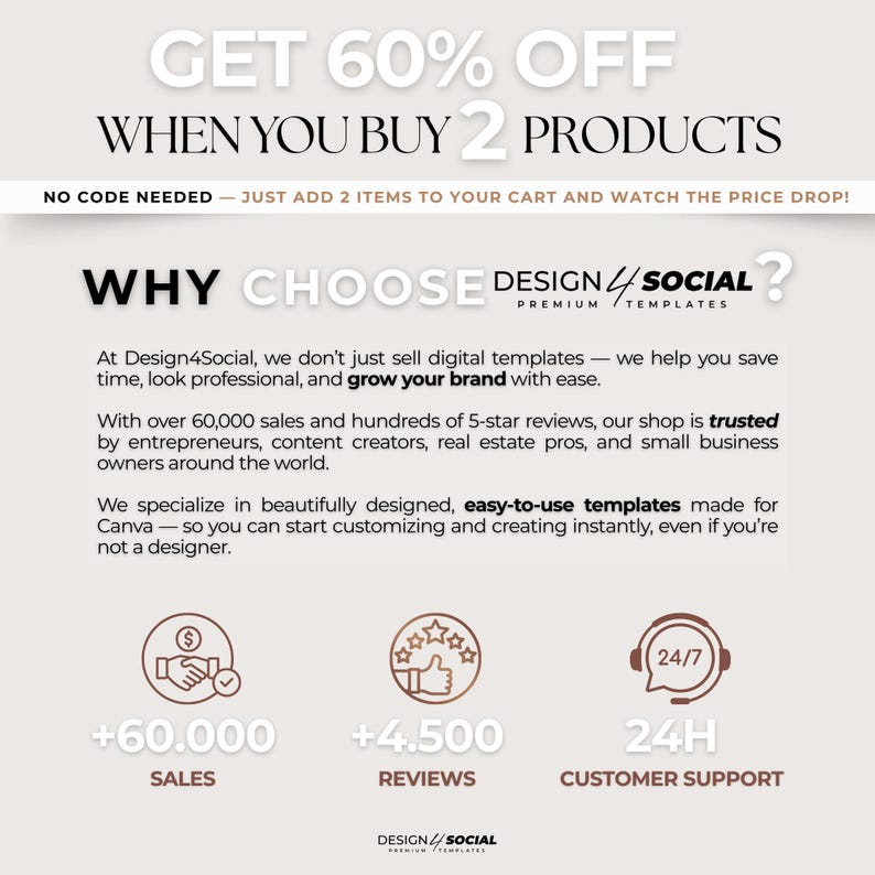 Peut inclure: Visuel promotionnel avec le texte : "GET 60% OFF WHEN YOU BUY 2 PRODUCTS." D&eacute;tails sur les mod&egrave;les num&eacute;riques, les ventes, les avis et le support client. Le logo Design4Social est en bas.