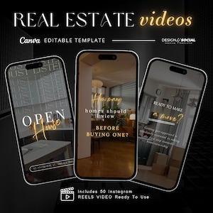 May include: Three phone screen mockups with real estate video templates. The first screen says "Open House" with a house icon. The second screen says "How many homes should you view before buying one?" The third screen says "Ready to make a move?" with a box of moving supplies.