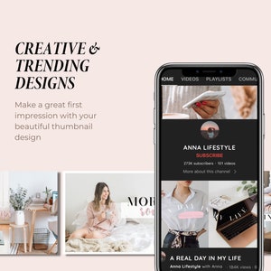 Peut inclure: L'&eacute;cran d'un t&eacute;l&eacute;phone affichant la page de la cha&icirc;ne YouTube "Anna Lifestyle". La cha&icirc;ne compte 273 000 abonn&eacute;s et 101 vid&eacute;os. La banni&egrave;re de la cha&icirc;ne montre une main de femme tenant un t&eacute;l&eacute;phone. La vid&eacute;o en vedette est intitul&eacute;e "Une vraie journ&eacute;e dans ma vie" et a 184 000 vues.