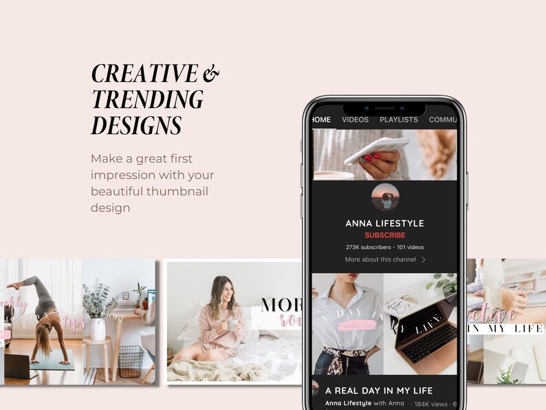 Peut inclure: L'&eacute;cran d'un t&eacute;l&eacute;phone affichant la page de la cha&icirc;ne YouTube "Anna Lifestyle". La cha&icirc;ne compte 273 000 abonn&eacute;s et 101 vid&eacute;os. La banni&egrave;re de la cha&icirc;ne montre une main de femme tenant un t&eacute;l&eacute;phone. La vid&eacute;o en vedette est intitul&eacute;e "Une vraie journ&eacute;e dans ma vie" et a 184 000 vues.