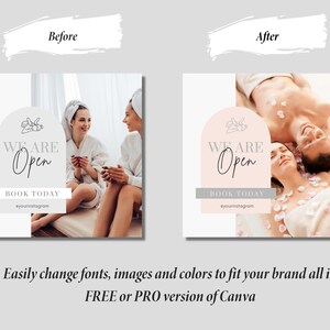 Puede incluir: Un gr&aacute;fico cuadrado de redes sociales con fondo rosa y blanco. El gr&aacute;fico presenta una pareja en un entorno de spa con el texto "WE ARE Open" y "BOOK TODAY" con un identificador de redes sociales.