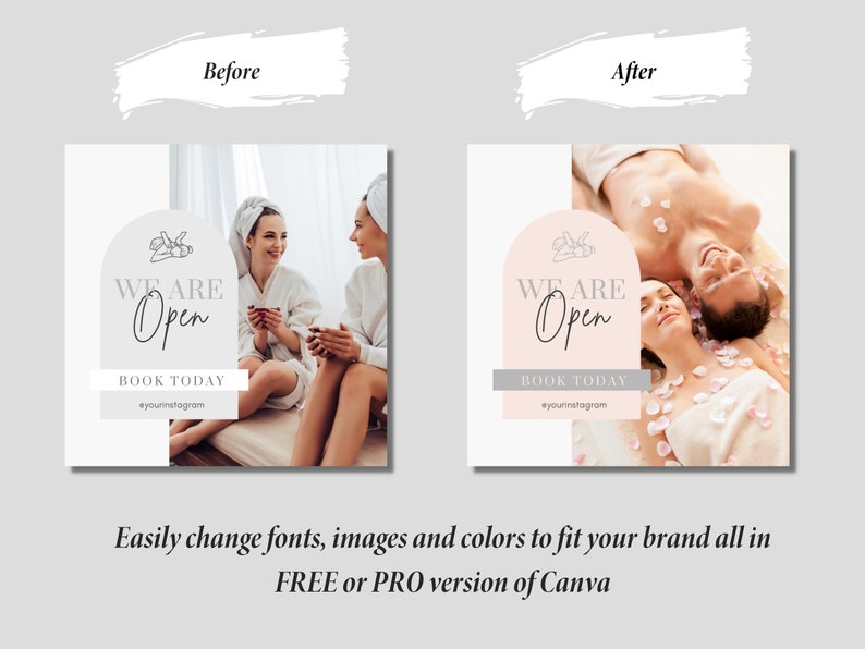 Puede incluir: Un gr&aacute;fico cuadrado de redes sociales con fondo rosa y blanco. El gr&aacute;fico presenta una pareja en un entorno de spa con el texto "WE ARE Open" y "BOOK TODAY" con un identificador de redes sociales.