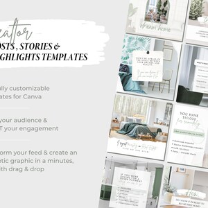May include: A set of social media templates for real estate agents. The templates feature a green and white color scheme with text that says "Realtor Posts, Stories & Highlights Templates", "250 Fully customizable templates for Canva", "Grow your audience & BOOST your engagement", "Transform your feed & create an aesthetic graphic in a minutes, just with drag & drop", "Dream Home", "True or False", "What's your morning routine?", "You have $10,000 for remodeling", "What project do you tackle first?", "If you were saving for a down payment", "How do I know if I'm ready to buy my first home?"