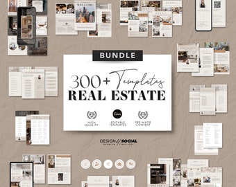 May include: A collection of real estate templates, including flyers, guides, and social media graphics. The bundle includes over 300 templates with editable designs and pre-made content. The templates are labeled with headings such as "Flyers", "Local Guide", and "Newsletter".