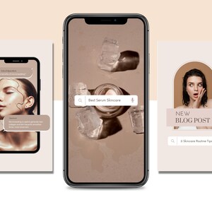 May include: Three smartphone screens showing different aspects of skincare. The first screen shows a woman's face with a chat bubble asking about the benefits of microneedling. The second screen shows a jar of serum on a background of ice cubes. The third screen shows a woman with a surprised expression and the text "New Blog Post" and "6 Skincare Routine Tips".