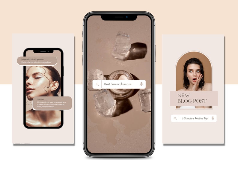 May include: Three smartphone screens showing different aspects of skincare. The first screen shows a woman's face with a chat bubble asking about the benefits of microneedling. The second screen shows a jar of serum on a background of ice cubes. The third screen shows a woman with a surprised expression and the text "New Blog Post" and "6 Skincare Routine Tips".