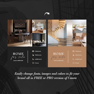 May include: A real estate advertisement for a home for sale. The ad features images of the home's interior and exterior, including a kitchen, dining room, living room, and staircase. The ad also includes details about the home, such as the number of bedrooms, bathrooms, square footage, and acreage. The ad is designed to be easily customized with different fonts, images, and colors.