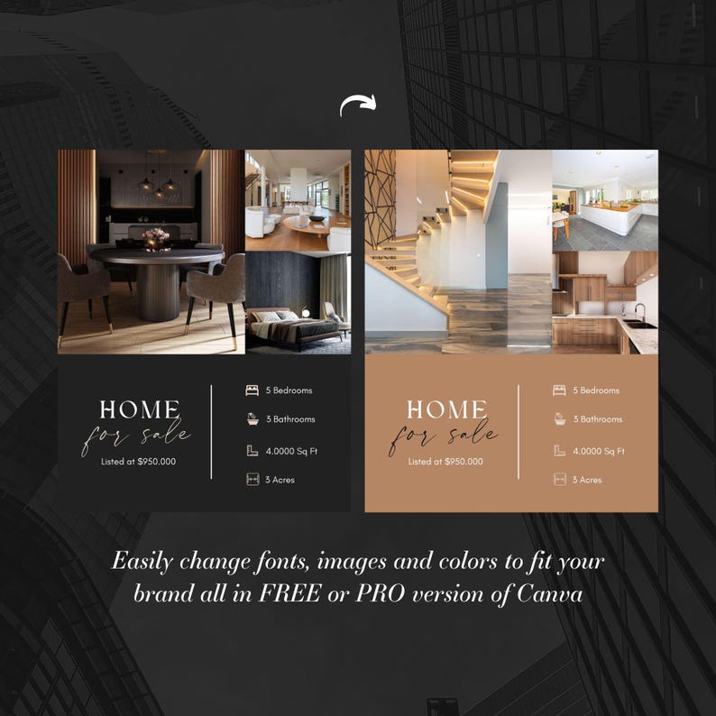 May include: A real estate advertisement for a home for sale. The ad features images of the home's interior and exterior, including a kitchen, dining room, living room, and staircase. The ad also includes details about the home, such as the number of bedrooms, bathrooms, square footage, and acreage. The ad is designed to be easily customized with different fonts, images, and colors.