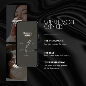 K&ouml;nnte beinhalten: Ein Handy-Bildschirm zeigt ein Mockup eines Social-Media-Posts f&uuml;r ein Sch&ouml;nheitsprodukt. Der Beitrag zeigt eine Grafik einer Tropfflasche mit dem Text "Plumping Serum" und einer Liste von Inhaltsstoffen. Der Text "Was Sie bearbeiten k&ouml;nnen" wird &uuml;ber dem Beitrag angezeigt, mit einer Liste von bearbeitbaren Elementen: Hintergrund, Text und Illustrationen.
