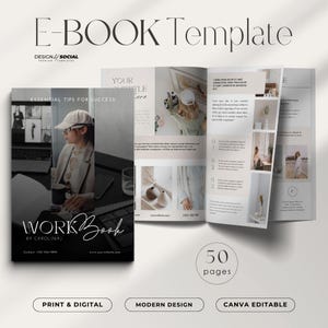 May include: A black and white e-book cover with the title "WORK Book" by CarolinaJ. The cover features a woman wearing a hat and sitting at a desk with a laptop. The e-book is 50 pages and is available in print and digital formats. It is also Canva editable.