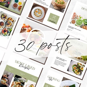 May include: A collage of 30 Instagram posts featuring food photography and recipes. The posts are organized in a grid pattern and feature a variety of dishes, including salads, bowls, and desserts. The posts also include text overlays with titles, descriptions, and hashtags.
