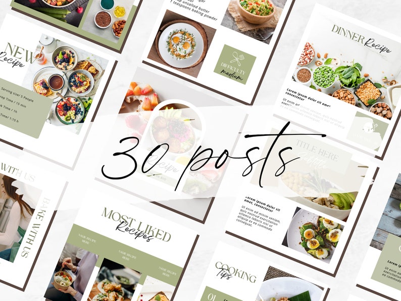 May include: A collage of 30 Instagram posts featuring food photography and recipes. The posts are organized in a grid pattern and feature a variety of dishes, including salads, bowls, and desserts. The posts also include text overlays with titles, descriptions, and hashtags.