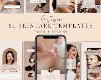 60 Skincare Instagram Templates | Skincare Social Media | Instagram Post and Stories | Skincare Canva Template