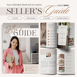 Puede incluir: Una guía para vendedores de 14 páginas con un diseño moderno. La guía presenta a una mujer con una chaqueta rosa sosteniendo una pila de cuadernos. La portada de la guía tiene el texto "Seller's Guide" en una fuente marrón. La guía incluye información sobre la comercialización de su casa, listados similares y sobre el agente inmobiliario.